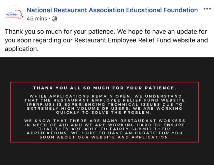 FB post from National Restaurant Association Educational Foundation mentioning about Rerf website down | De Reviews
