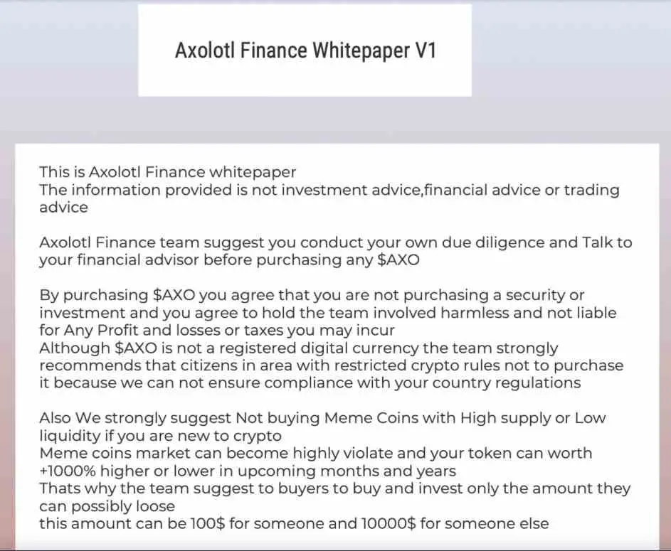 Screenshot taken from AXO2Moon Axolotl Finance $AXO Whitepaper | De Reviews