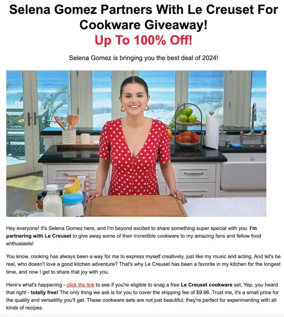 Selena Gomez Partners With Le Creuset For Cookware Giveaway Scam Screenshot 1 | De Reviews