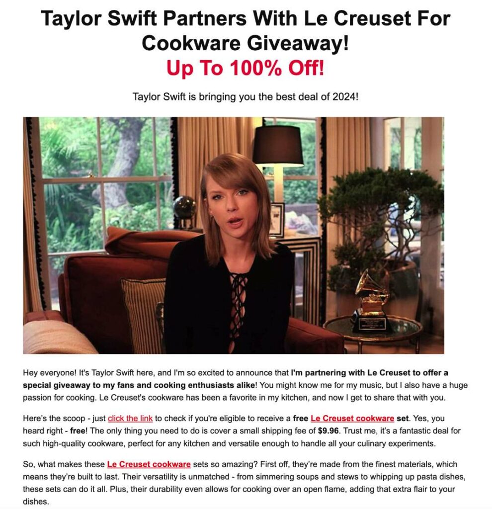 Taylor Swift Partners With Le Creuset For Cookware Giveaway Scam Screenshot 1 | De Reviews
