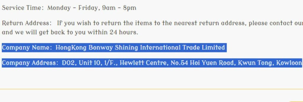 HongKong Bonway Shining International Trade Limited | De Reviews's address.