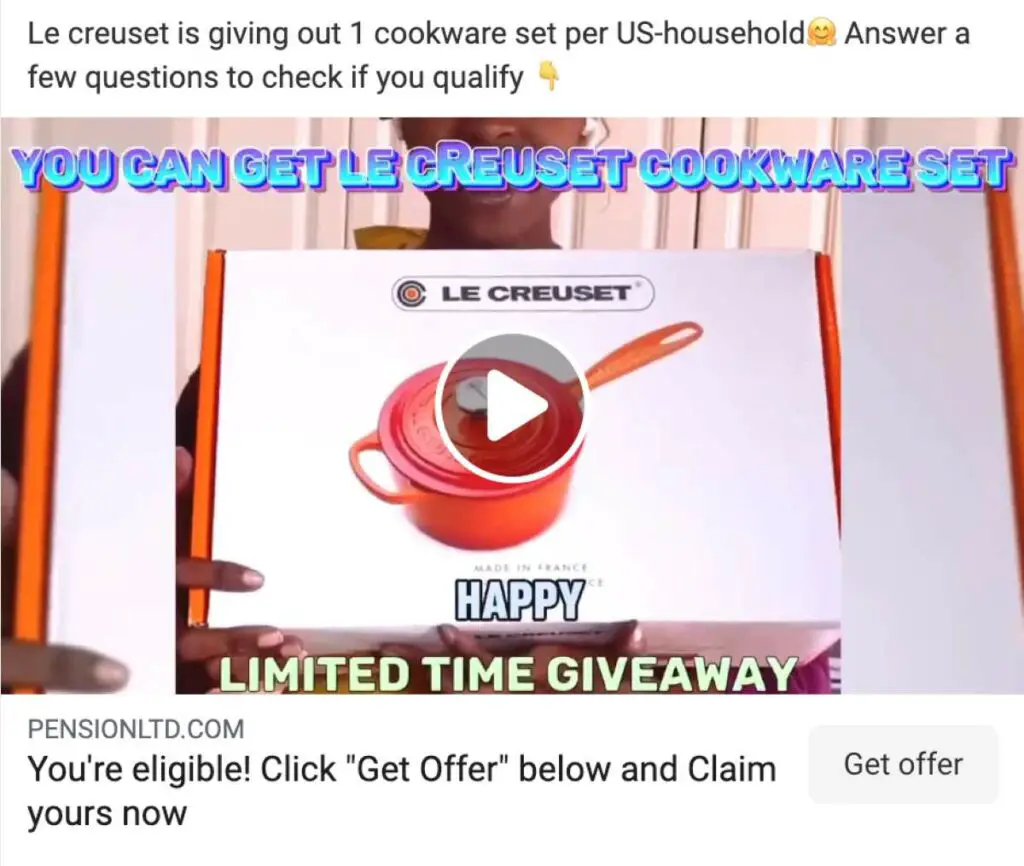 Le Creuset is giving out 1 cookware set per US household scam post scam post on social media like Facebook | De Reviews