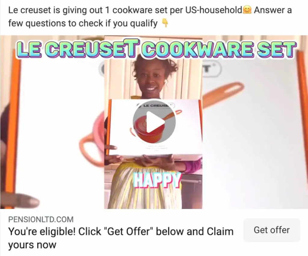 Le Creuset is giving out 1 cookware set Fraudulent post on facebook | De Reviews