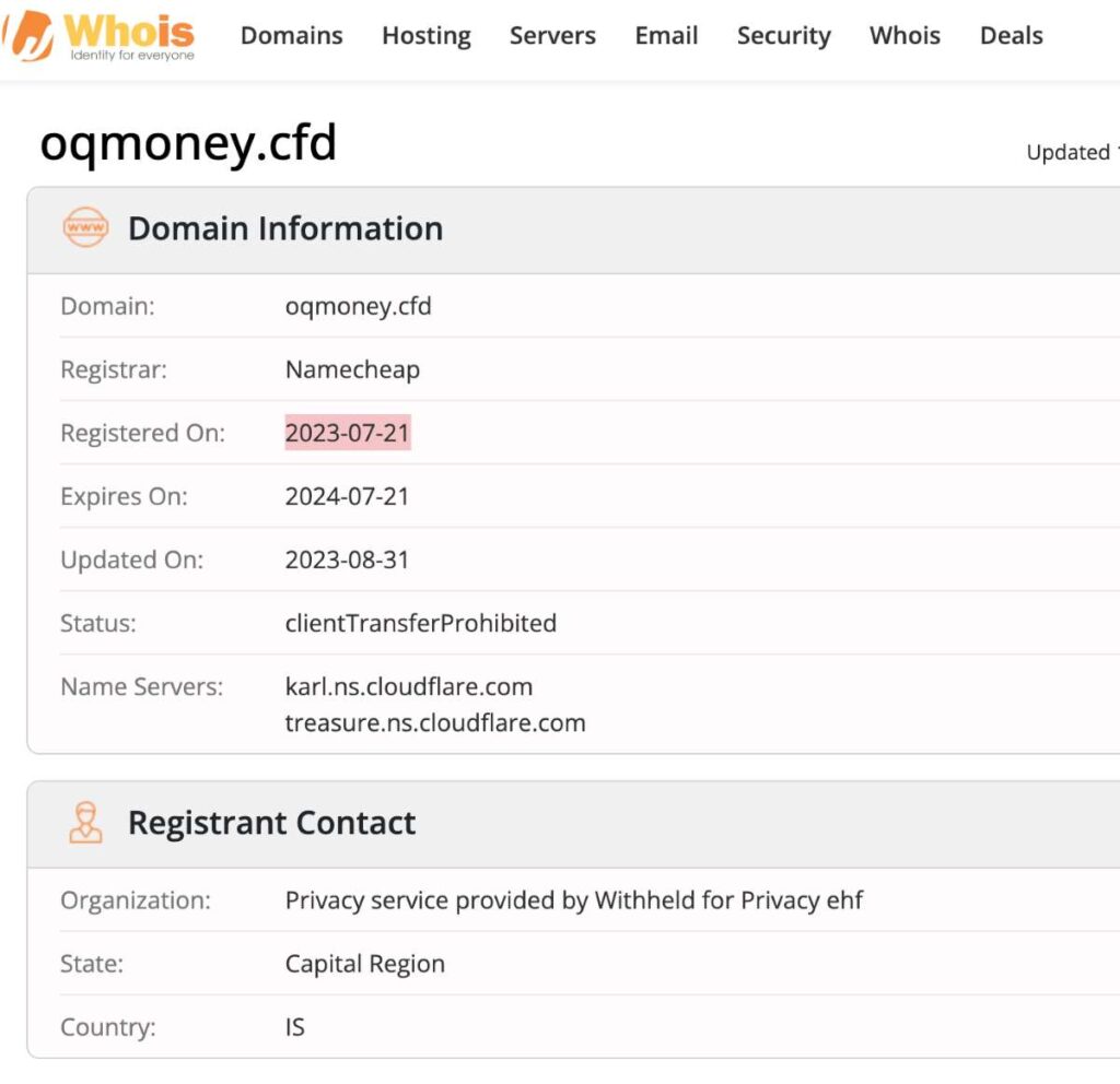Oqmoney Cfd WHOIS Details.