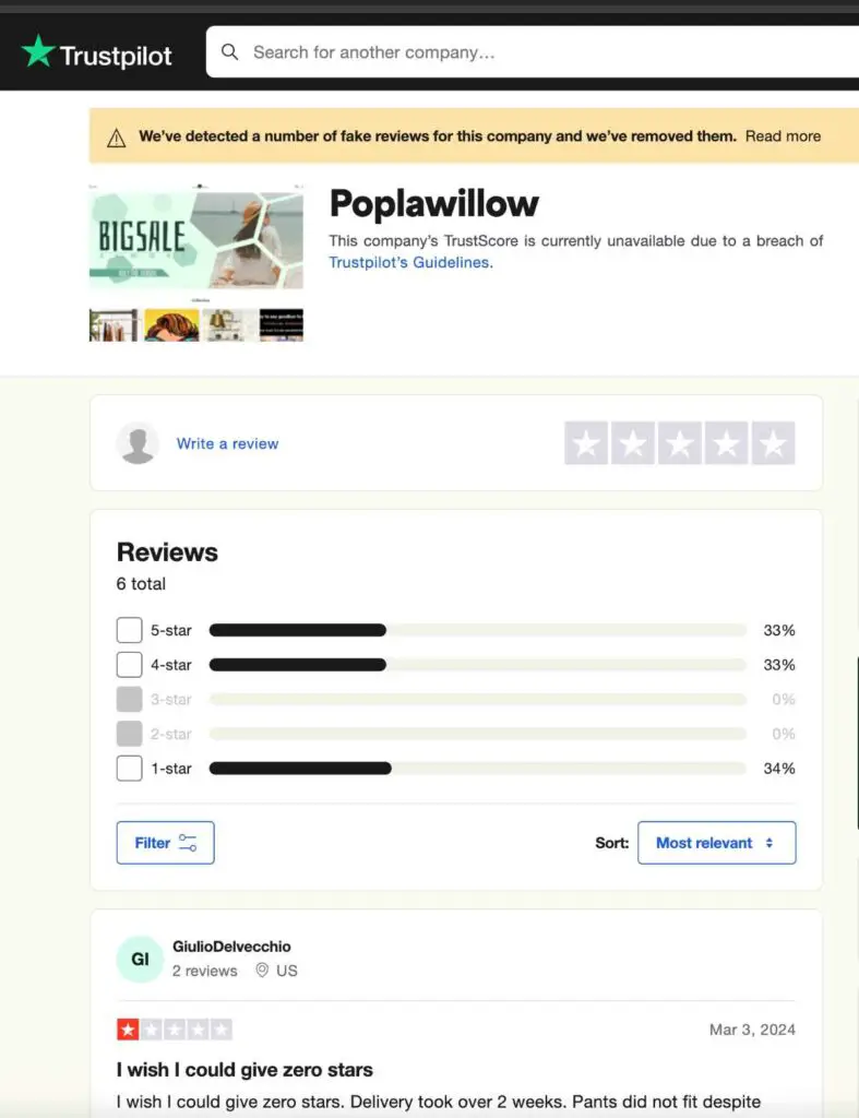 Poplawillow trustpilot page screenshot | De Reviews