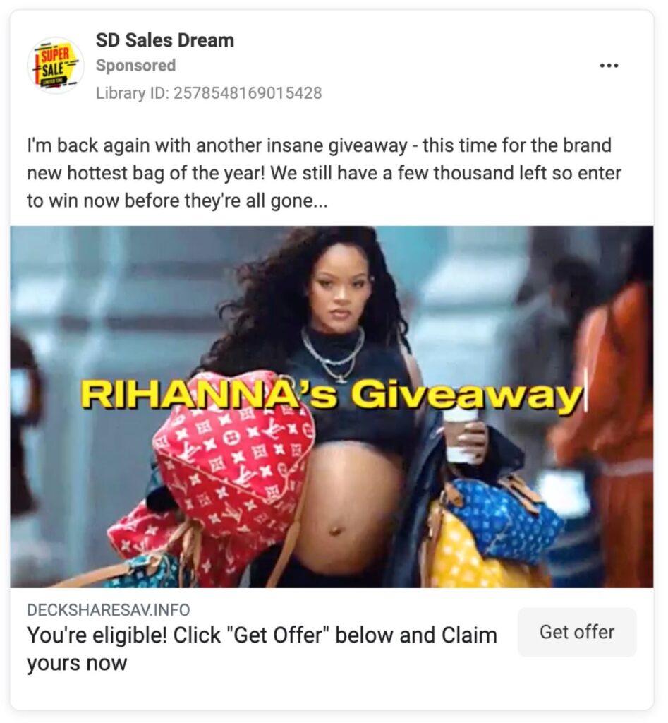 Rihanna's Louis Vuitton Giveaway Scam Post on Facebook.