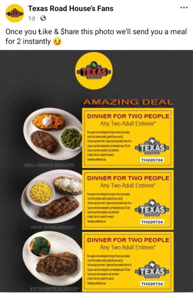 Texas Roadhouse Is Not Giving Away Free, Scam On Facebook