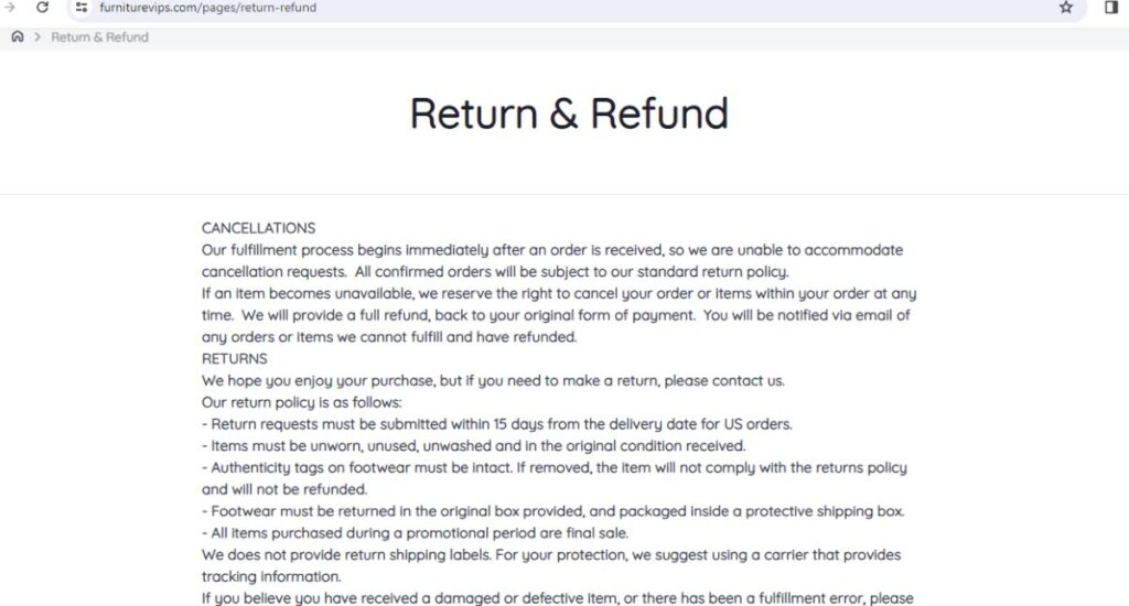 Furniture Vips refund policy.