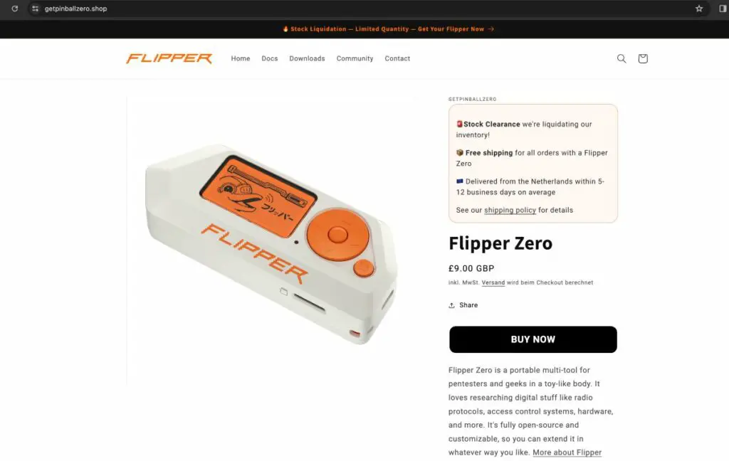 Getpinballzero Shop selling Flipper Zero at £900 GBP | De Reviews