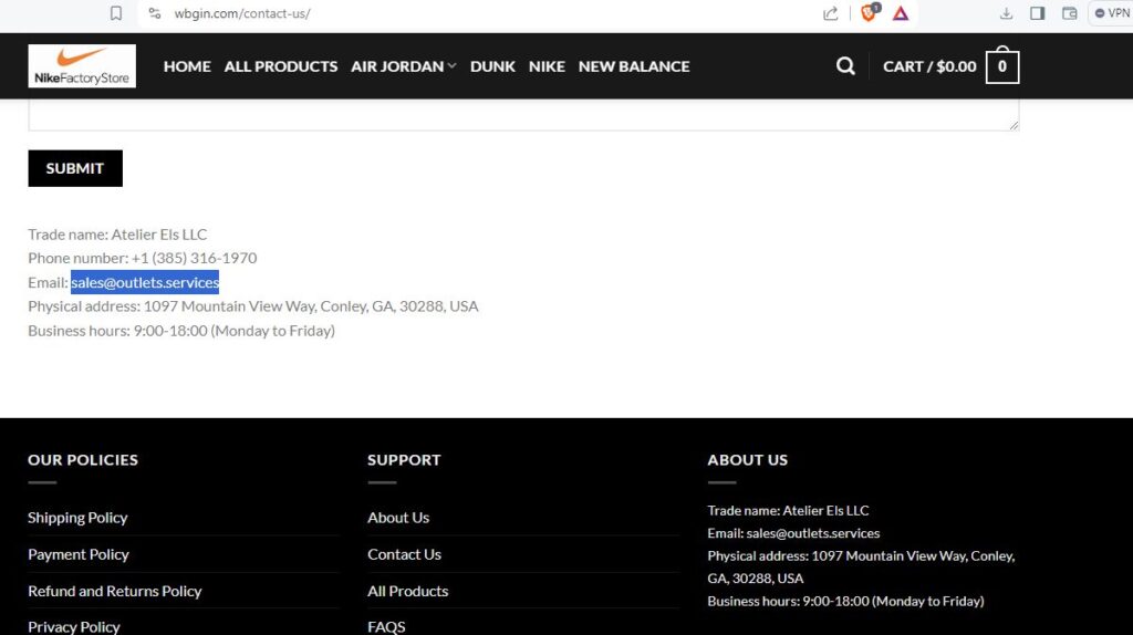 sales@outlets.services email address used by multiple scam sites.