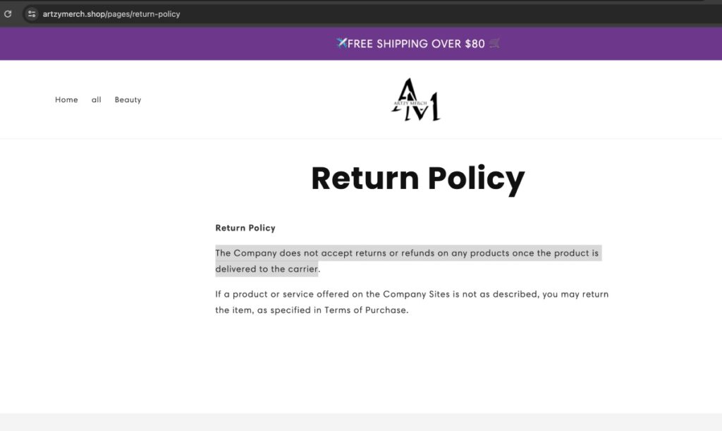 Artzymerch Shop return policy page | De Reviews