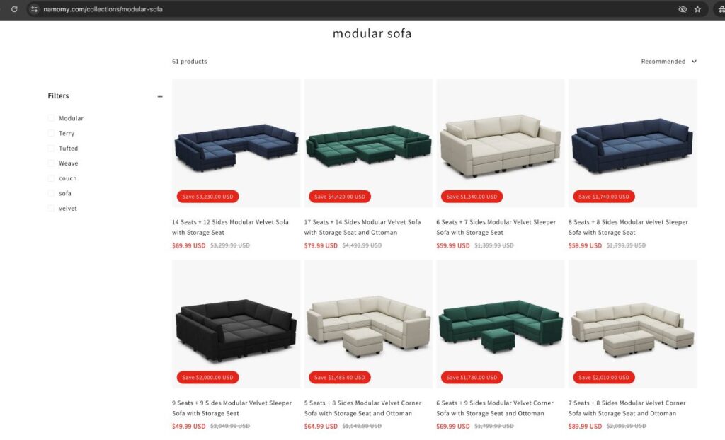 Namomy discounts on products.