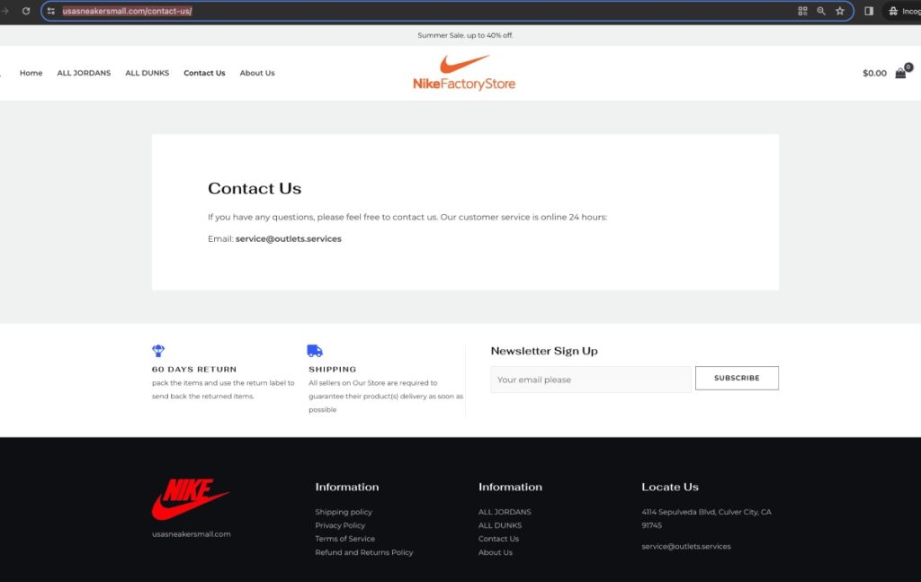 Usasneakersmall Scam Or Genuine Usasneakersmall Review Usasneakersmall contact information and absence of social media icons on the website | De Reviews