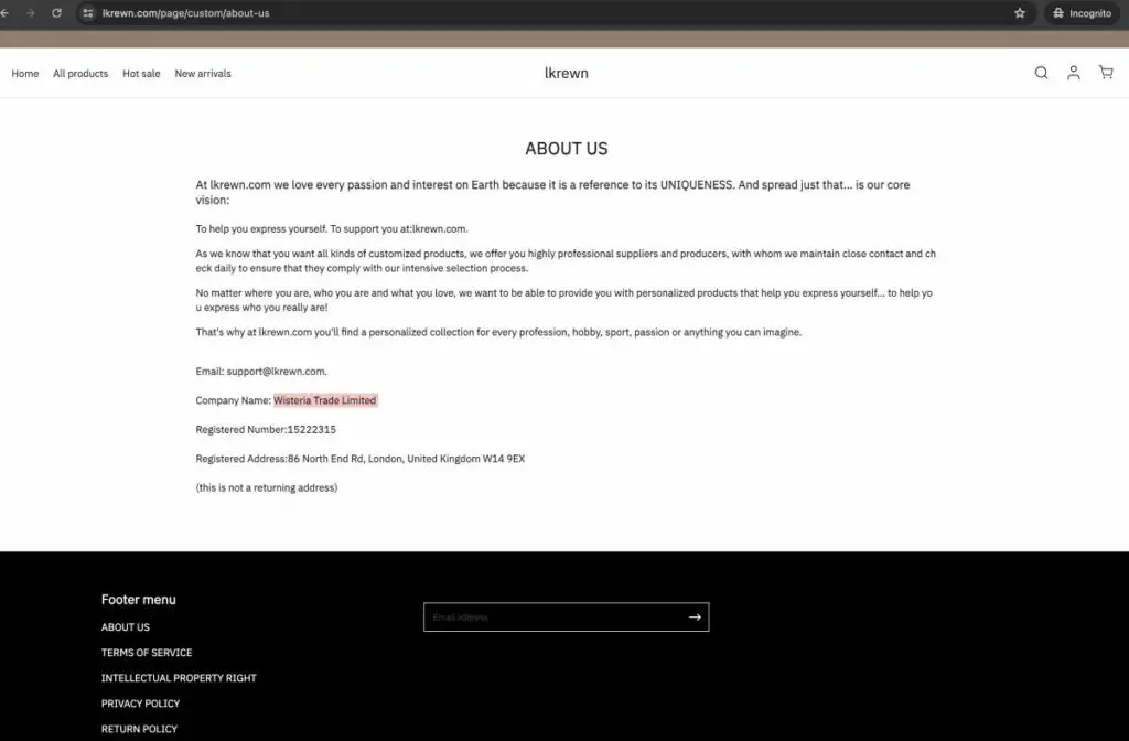 Lkrewn Scam Or Genuine Lkrewn Review Lkrewn parent company name and address on its about us page | De Reviews