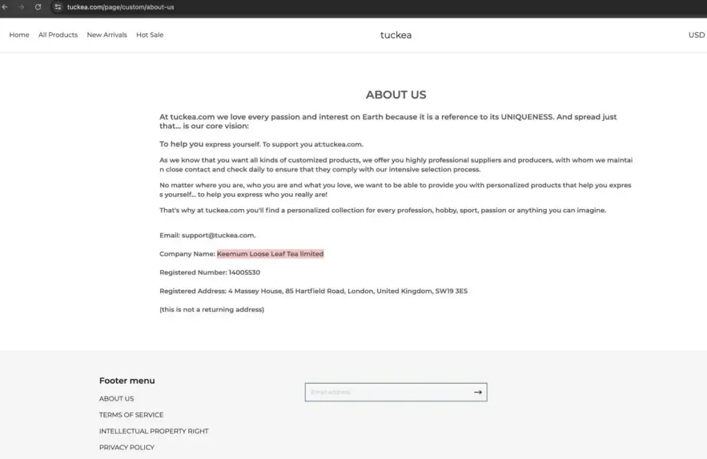 Tuckea Scam Or Genuine Tuckea Review Tuckea parent company name and address on its about us page | De Reviews