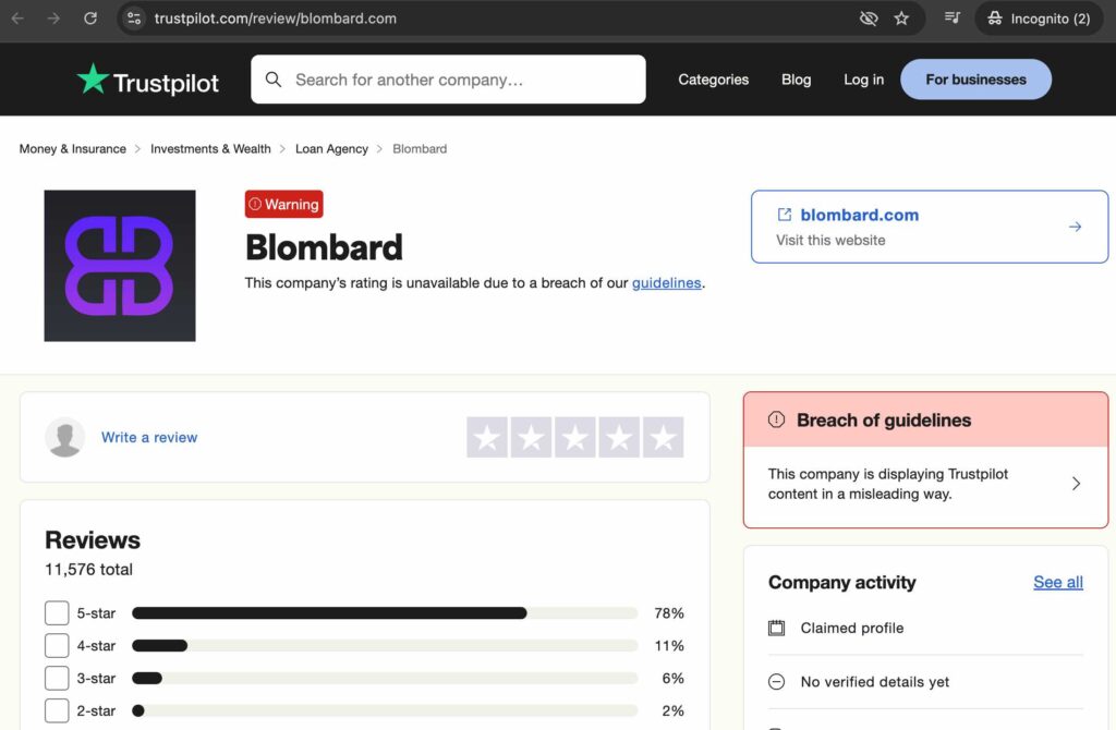 Blombard.com questionable user ratings and reviews.