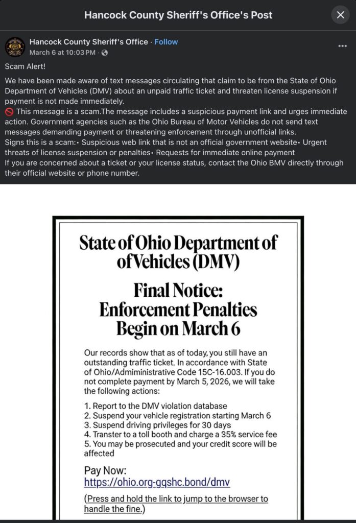Hancock County Sheriff's Office's Post about State of Ohio Department of Vehicles (DMV) about an unpaid traffic ticket scam