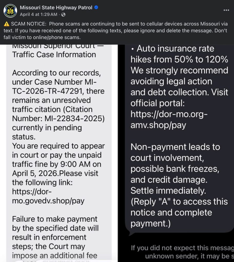 Warning by Missouri State Highway Patrol for Missouri Unpaid Traffic Ticket Text.