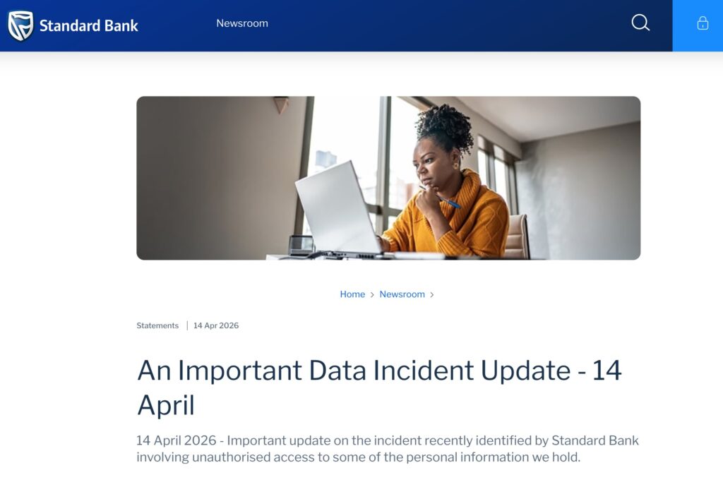 Data Incident Update on official Standard Bank website.