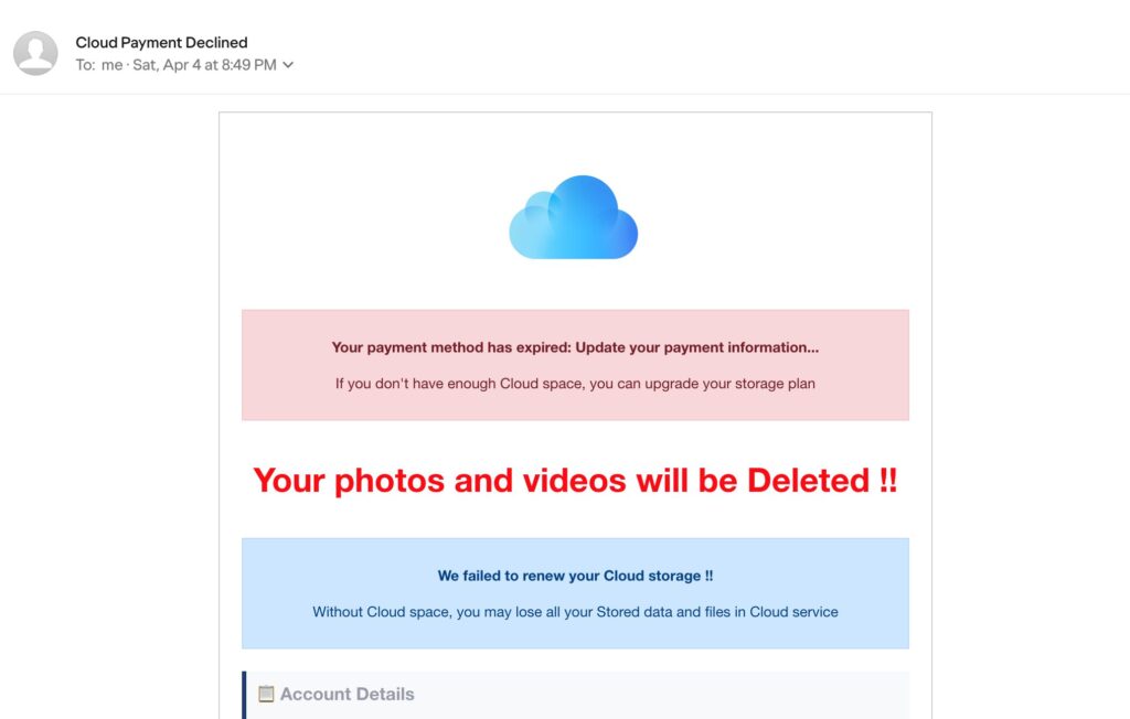 Beware of this scam email: Your iCloud Access Is Suspended,Your photos and videos will be Deleted