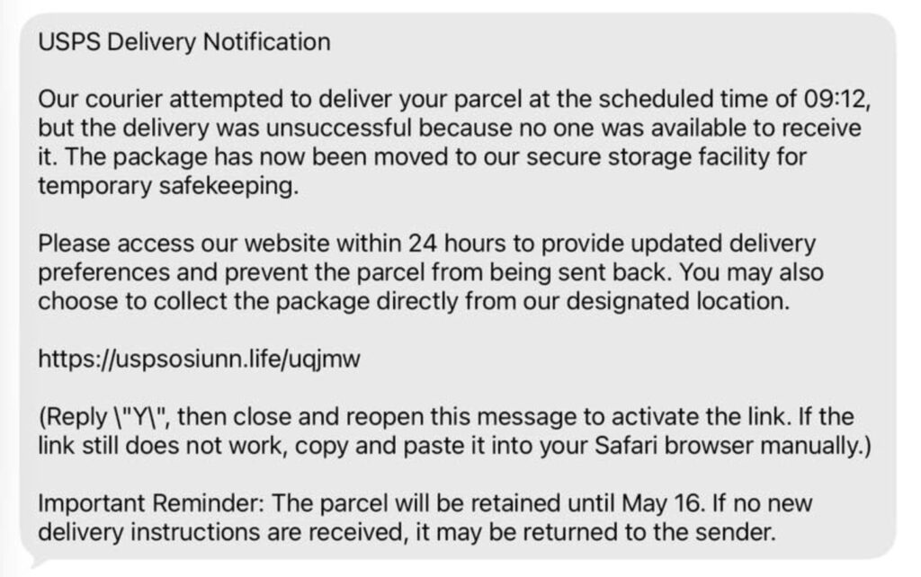 USPS Delivery Notification text about a failed parcel delivery, storage in a secure facility, and instructions to visit a link for updated delivery preferences (deadline May 16).