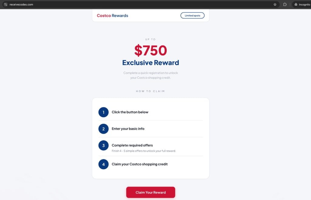 Screenshot taken from ReceiveCodes scam website.