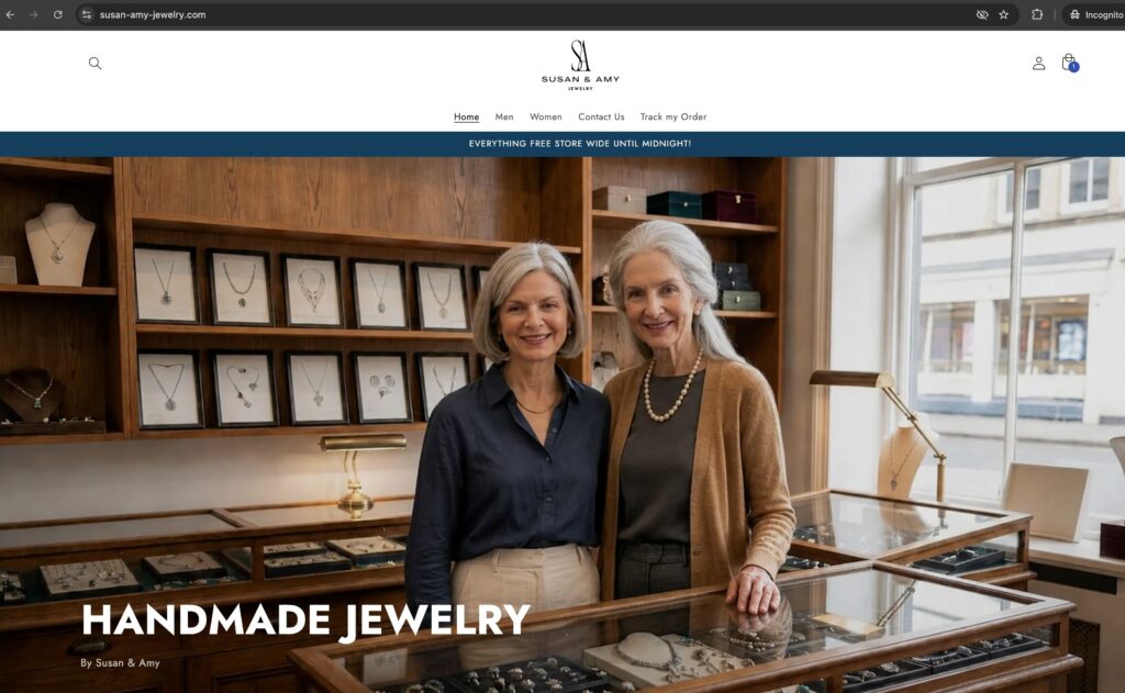 Screenshot taken from Susan & Amy Jewelry website.