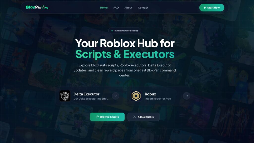 Screenshot of the BloxPan.com website homepage displaying claims of free Robux rewards, Blox Fruits scripts, Roblox executors, Delta Executor updates, and reward pages layout.
