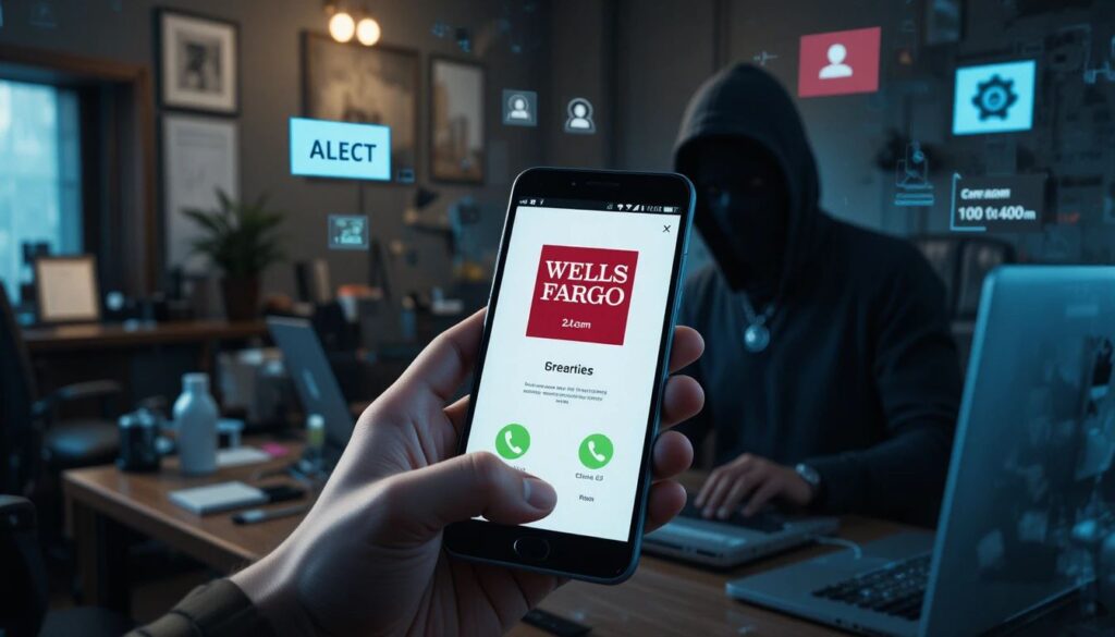 Person receiving spoofed bank call on phone showing scam fraud warning and cyber attack.