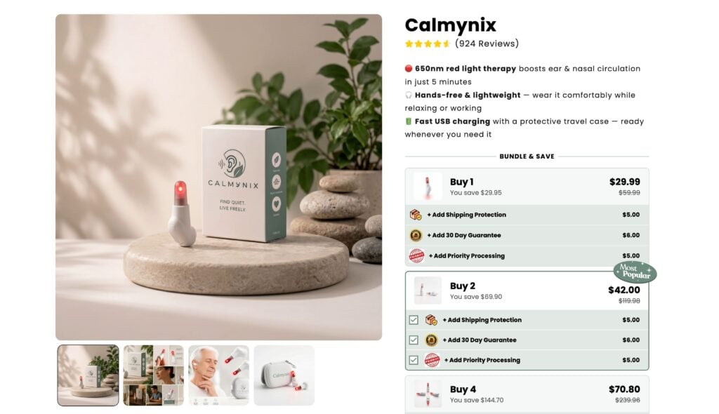 Screenshot of the Calmynix Red Light Therapy website displaying tinnitus relief promotional claims, product images, pricing information, and discount offer.