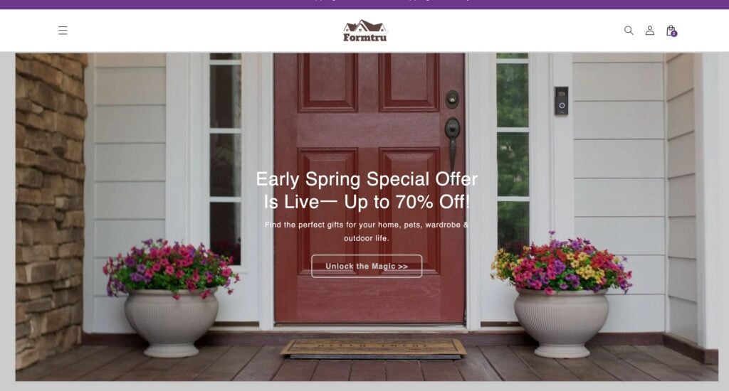 Screenshot of the Formtru website homepage showing the website's main layout, promotional content and up to 70% discount offer.