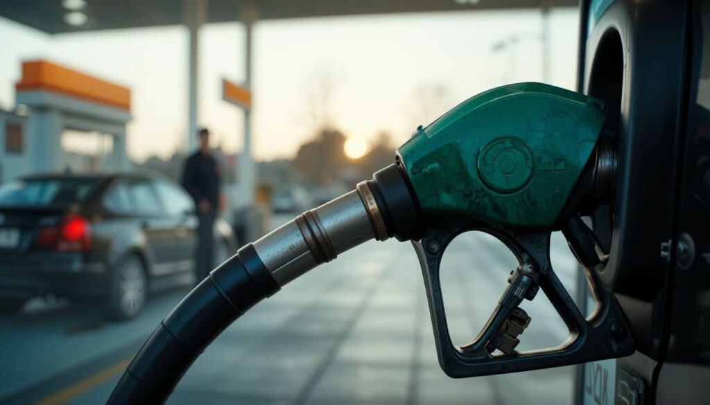 Close up of a gas station fuel pump nozzle with a small screw placed near the holder, showing possible pump tampering scam awareness scene.