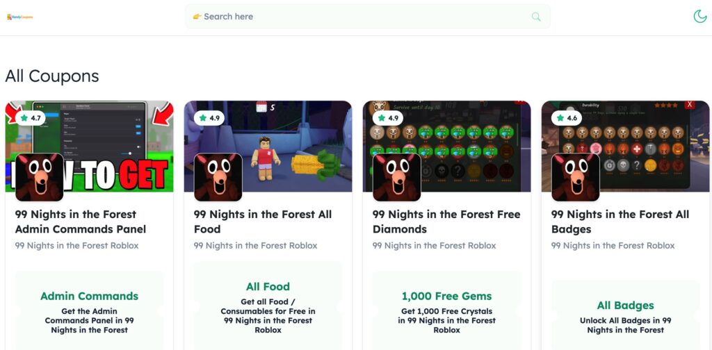 Screenshot of Handycoupons website homepage displaying claims of free Robux codes, coupon style reward system, and task based earning layout designed to attract Roblox users.