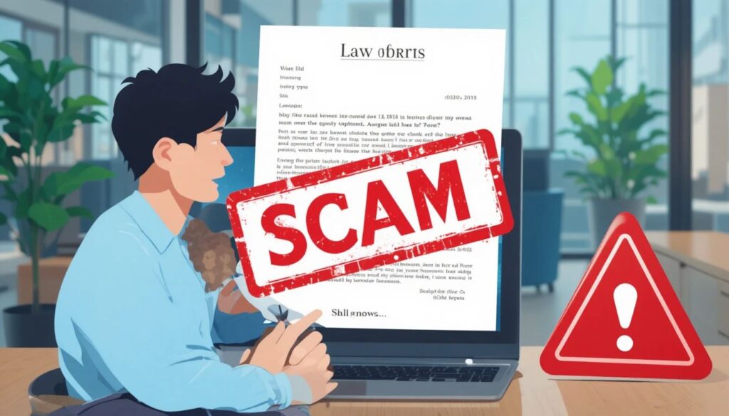 Person reviewing a suspicious legal notice on a laptop with warning signs indicating possible law firm impersonation scam, including urgent payment and fake inheritance claims.
