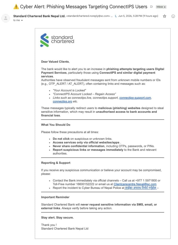Screenshot of email send by Standard Chartered Bank Nepal Ltd to make people aware of phishing messages targeting ConnectIPS users in Nepal