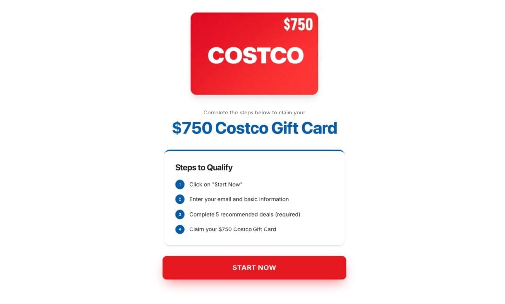 Screenshot taken from TapGiftCard website showing its questionable claims about $750 Costco Gift Card and step to qualify for that.