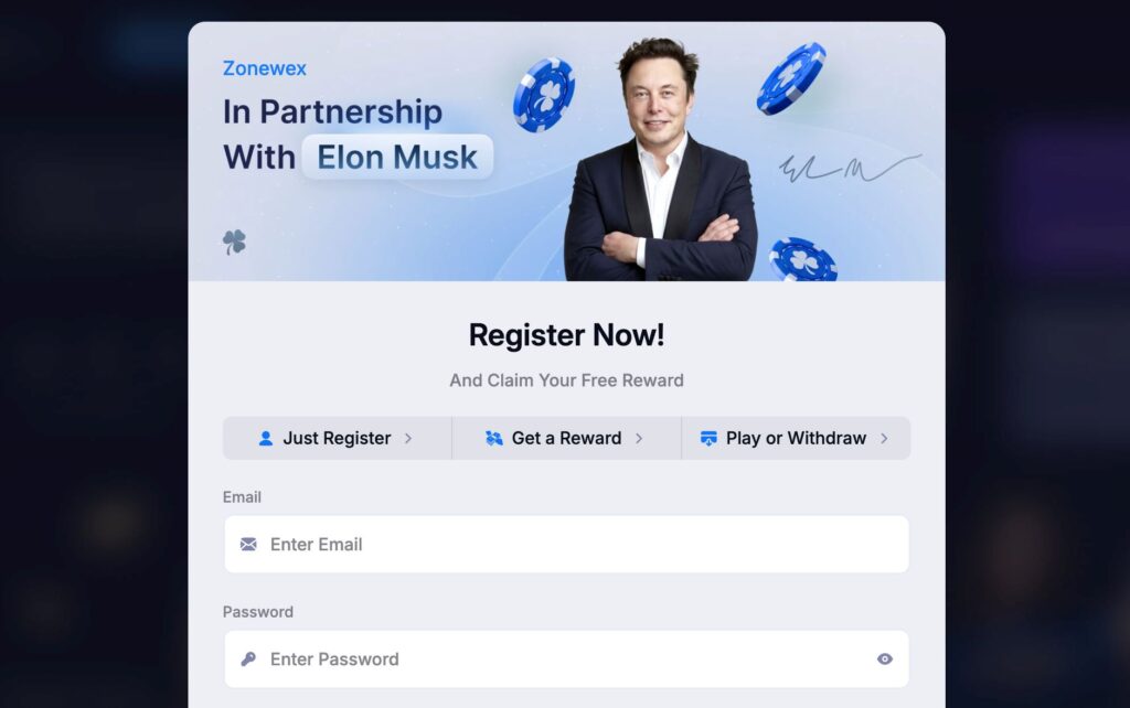 Screenshot of the Zonewex website homepage displaying its layout, promotional crypto gaming content, and a false claim stating “in partnership with Elon Musk” alongside an image of Elon Musk.