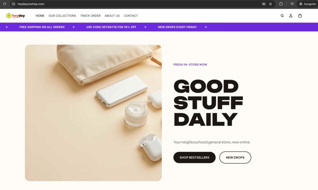 Screenshot taken from HeydayCoShop website to show website layout, its content and claims.