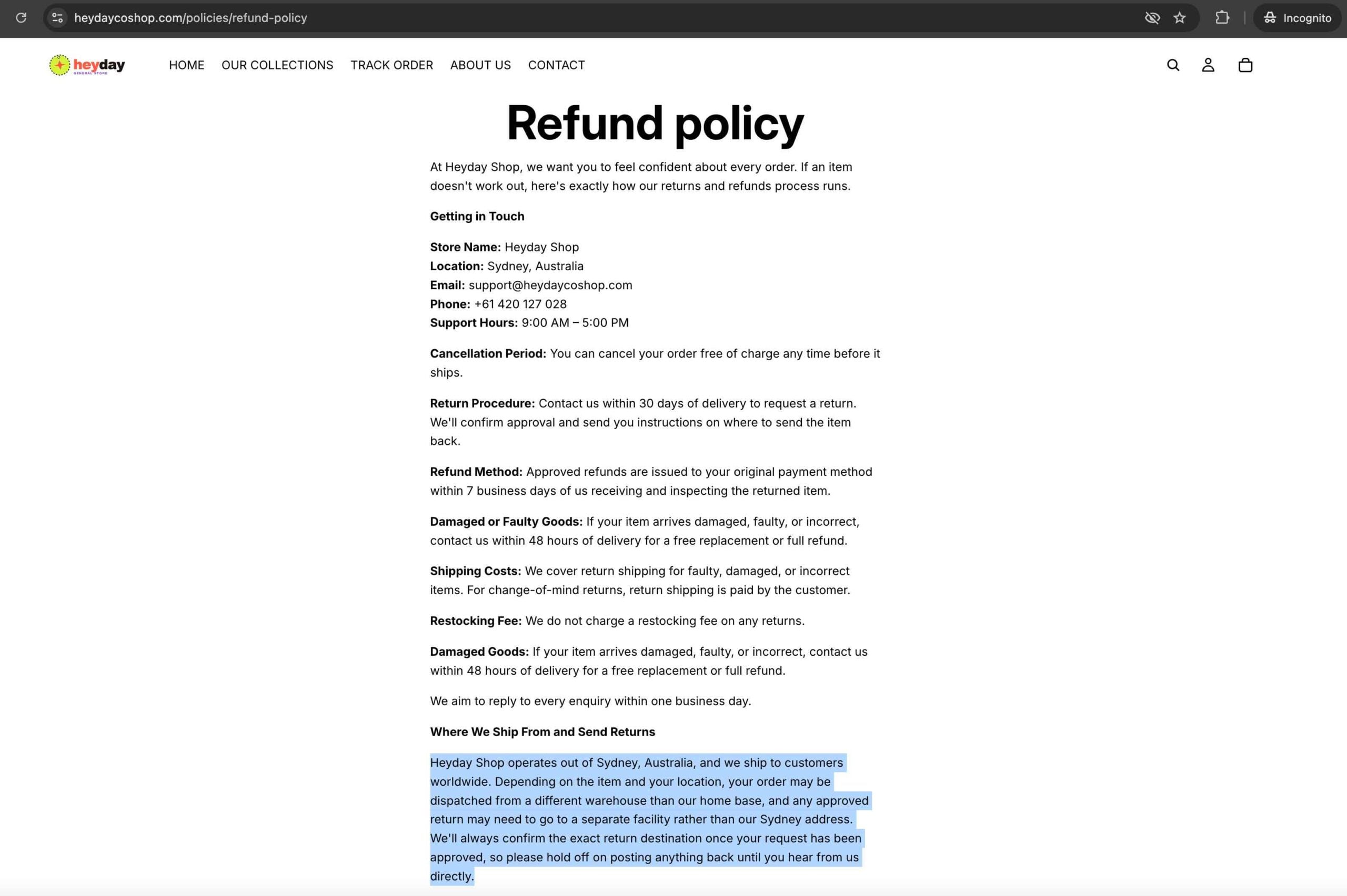 Screenshot taken from HeydayCoShop to show its refund policy content