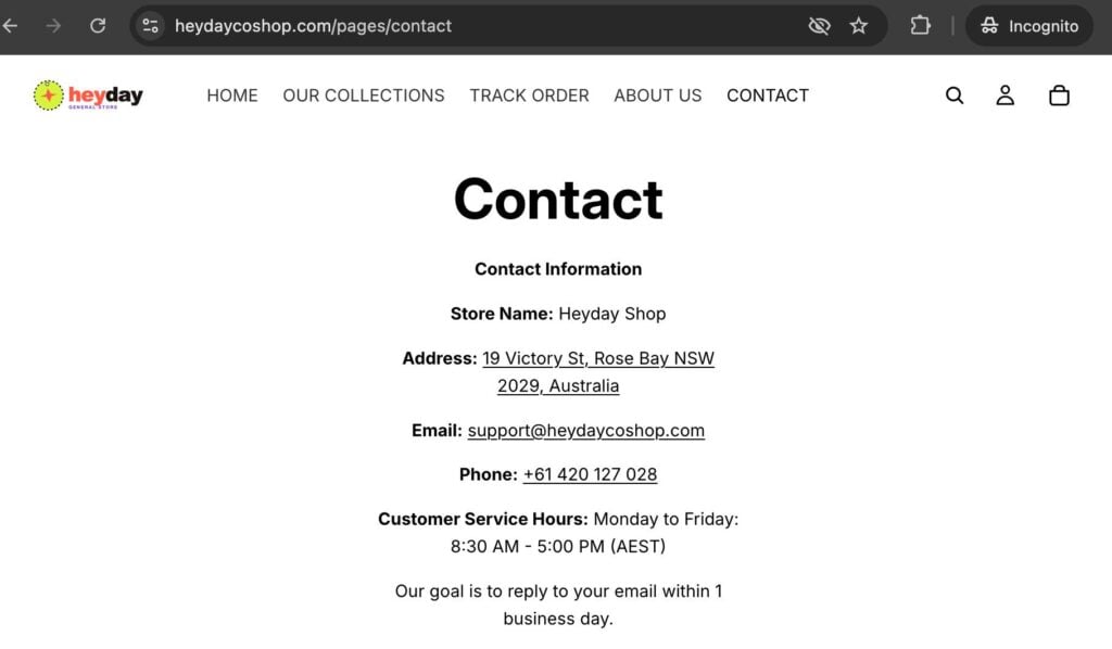 Screenshot taken from HeydayCoShop website to show its provided business address
