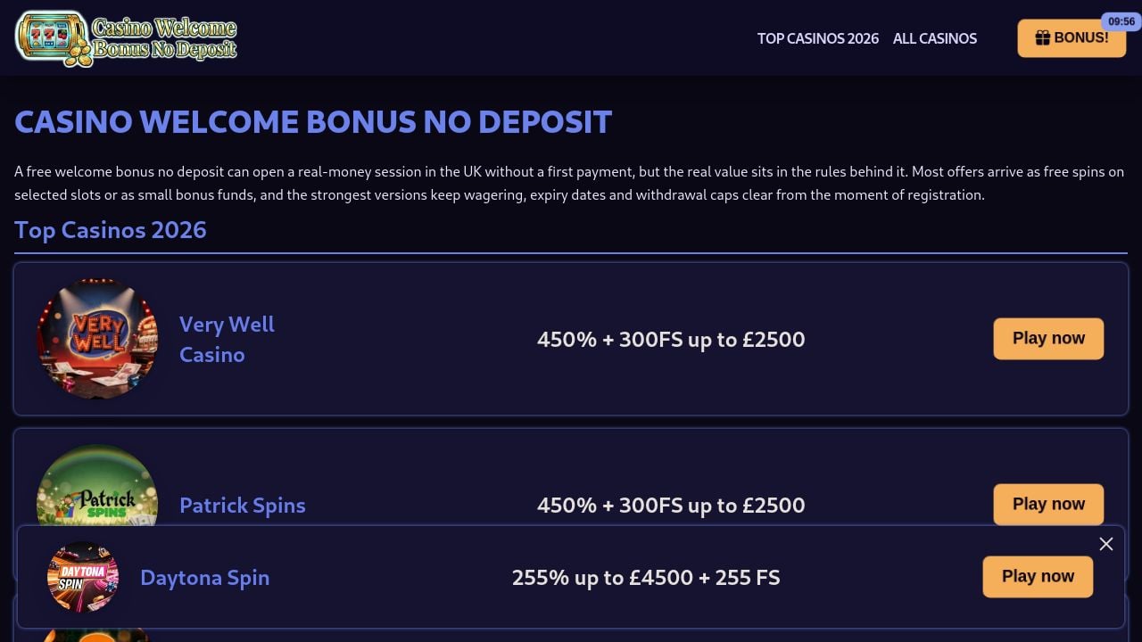 Screenshot of Casinowelcomebonusnodeposit.uk